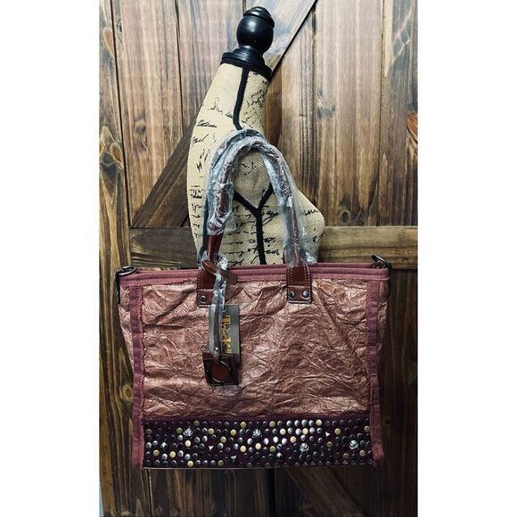 Treska Boho Studded Burgundy Western Tote Bag Purse - Picture 3 of 9